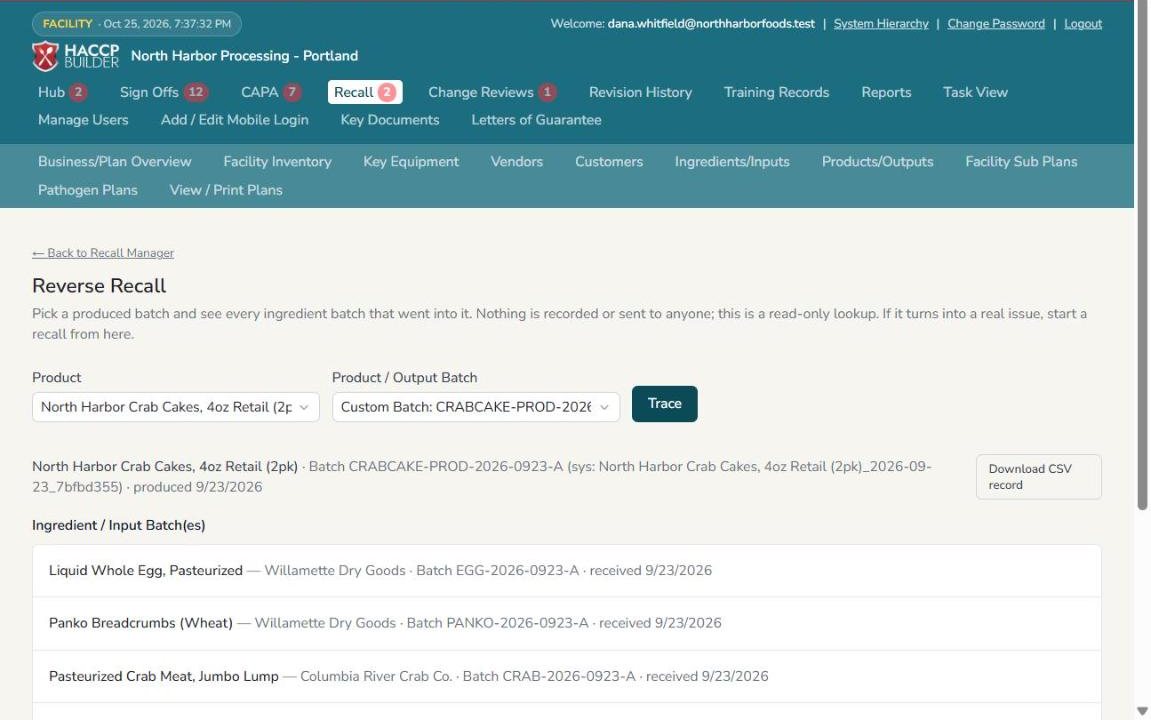 The Reverse Recall screen listing every ingredient batch, vendor and received date for a produced batch of crab cakes