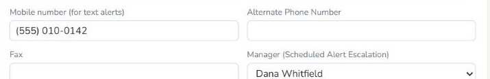 The Mobile number (for text alerts) box on an employee's login in HACCP Builder, with a made-up number.