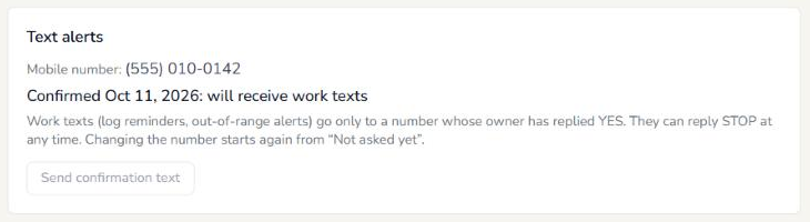The Text alerts card showing Confirmed after the person replied YES.