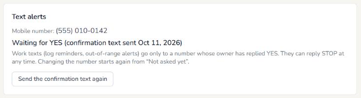The Text alerts card showing Waiting for YES after the confirmation text was sent.